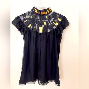 Vintage Catherine Malandrino Silk Geometric Flowy Black Gold Sheer Top Size 6
